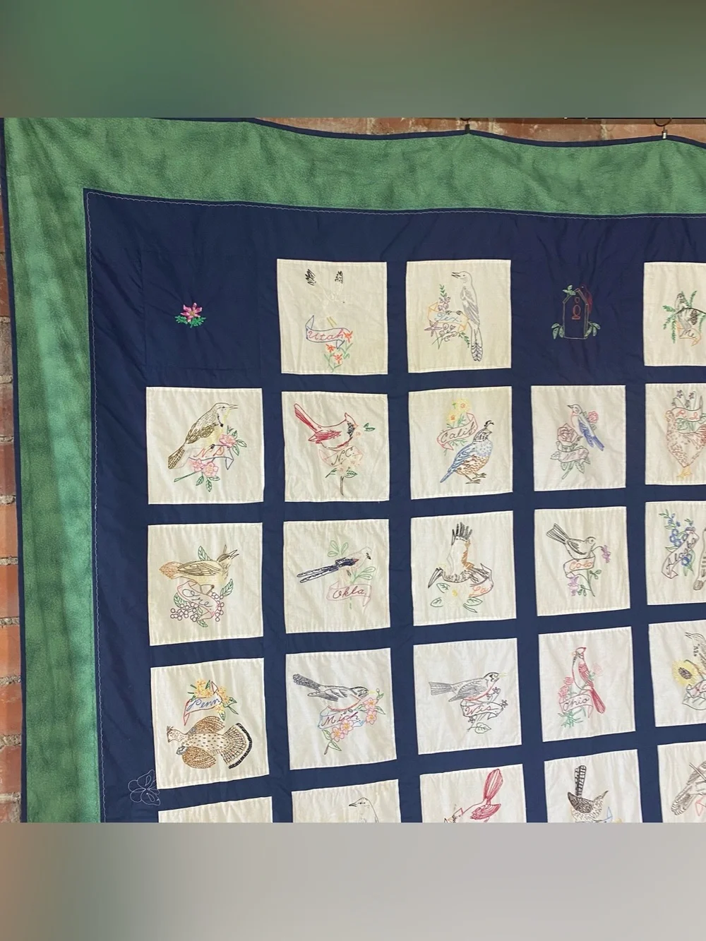 Vintage Embroidered State Bird Blocks Quilt 50 States 96” X 109”